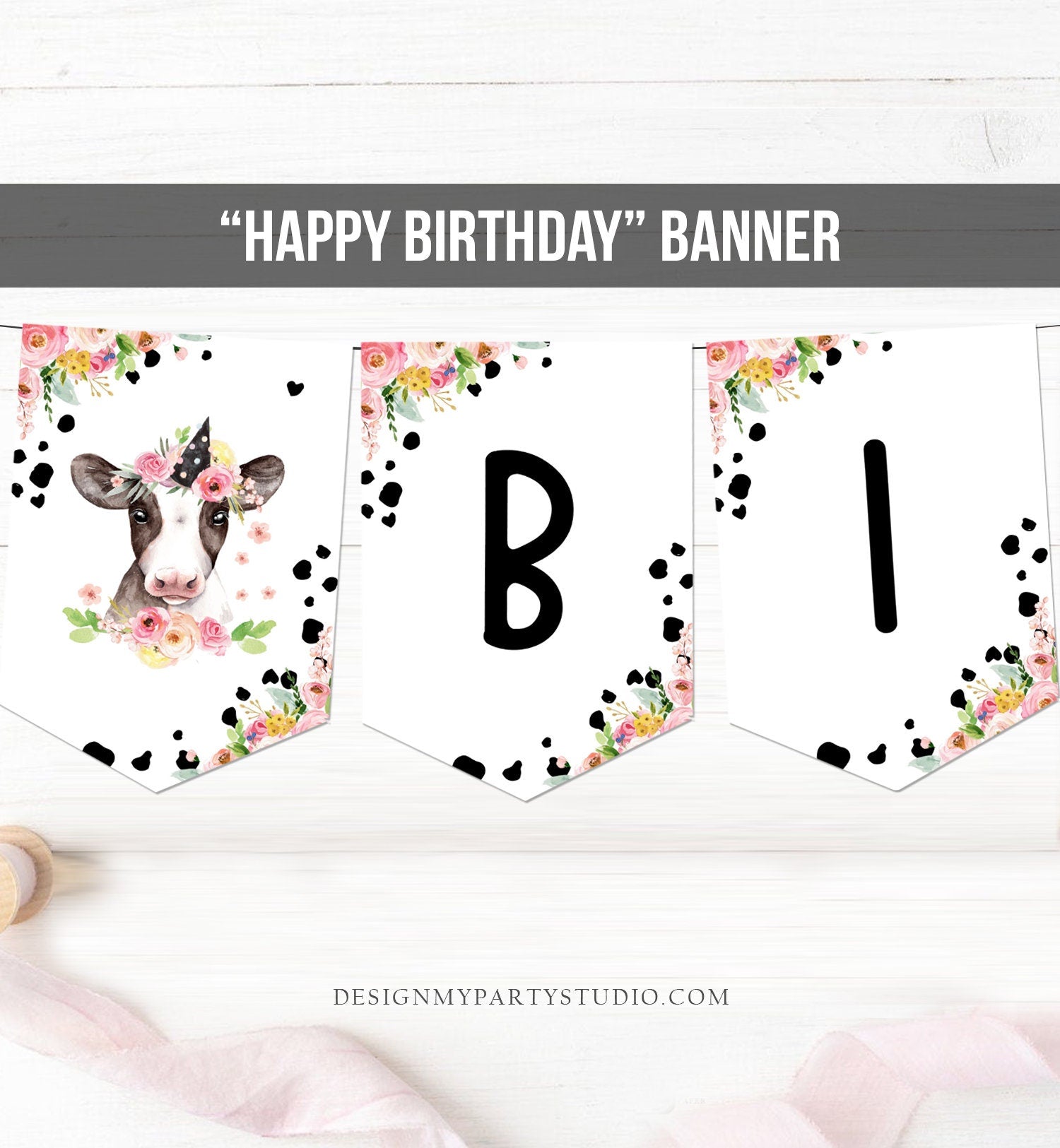 Happy Birthday Banner Cow Birthday Banner Farm Animals Girl Barnyard Birthday Farm Decorations Instant download PRINTABLE DIGITAL DIY 0434
