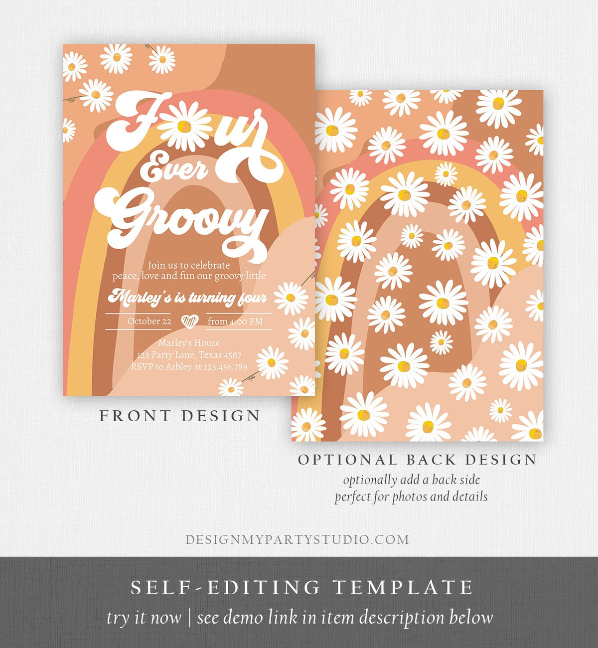Editable Four Ever Groovy Birthday Invitation 4th Birthday Retro Floral 70s Peace Love Party Rainbow Download Template Corjl Digital 0428