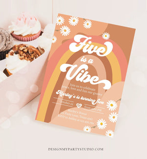 Editable Five Is A Vibe Birthday Invitation 5th Birthday Retro Floral 70s Rainbow Peace Love Party Girl Download Template Corjl Digital 0428