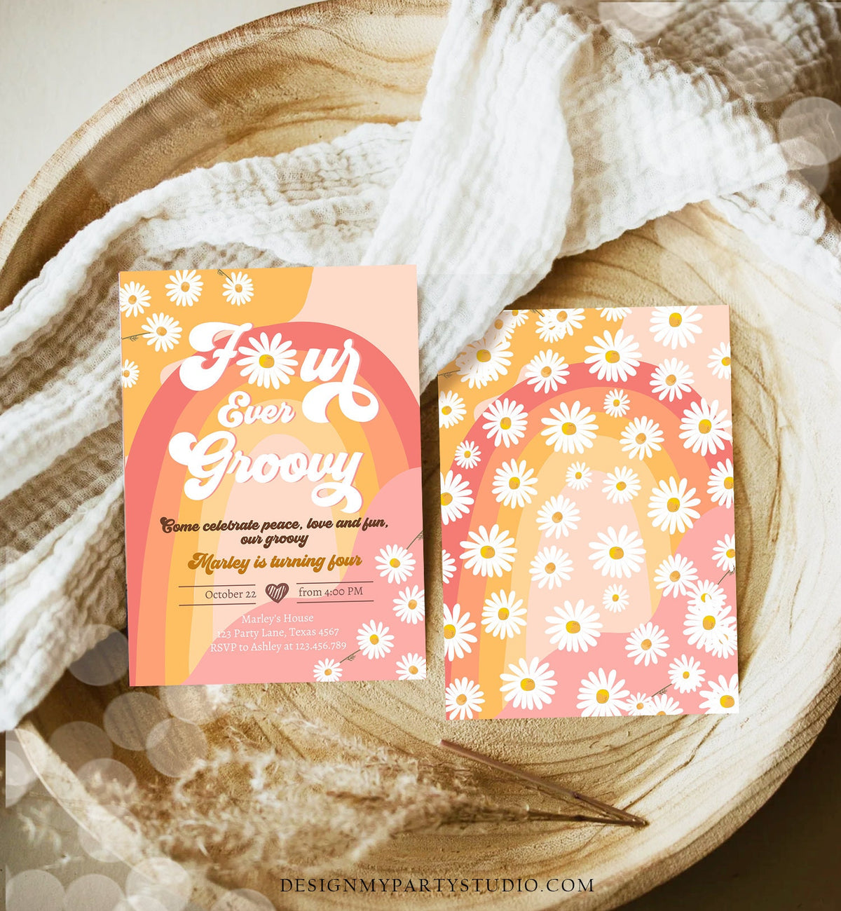 Editable Four Ever Groovy Birthday Invitation 4th Birthday Retro Floral 70s Peace Love Party Rainbow Download Template Corjl Digital 0428