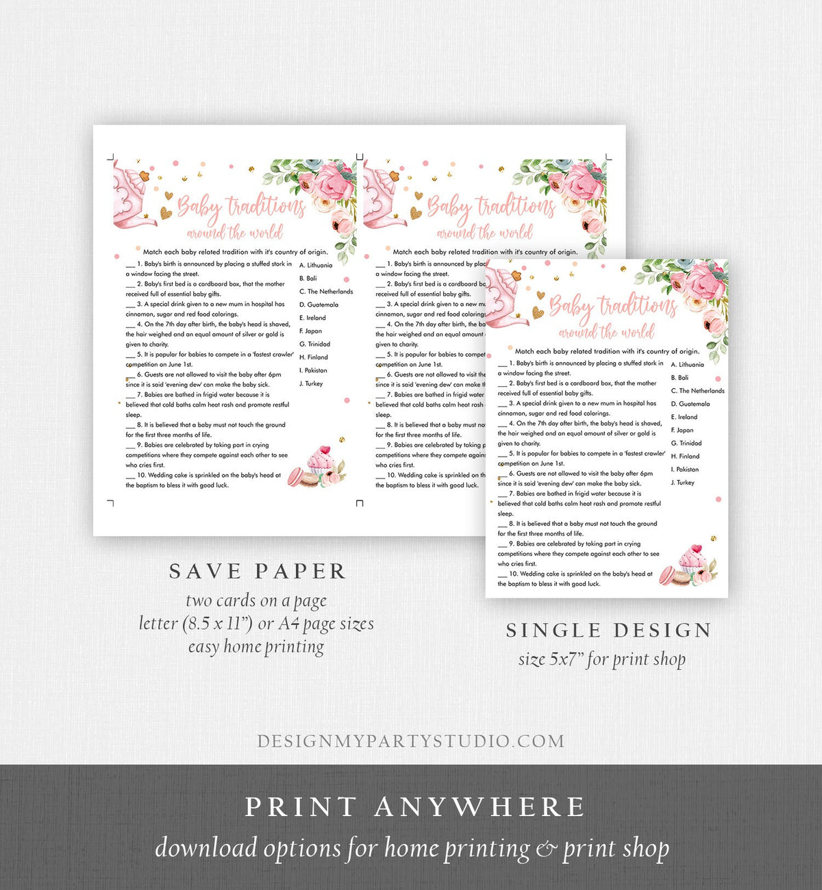 Editable Baby Traditions Around the World Game Baby Shower Tea Party Baby is Brewing Game Pink Sweets Digital Template Printable 0349