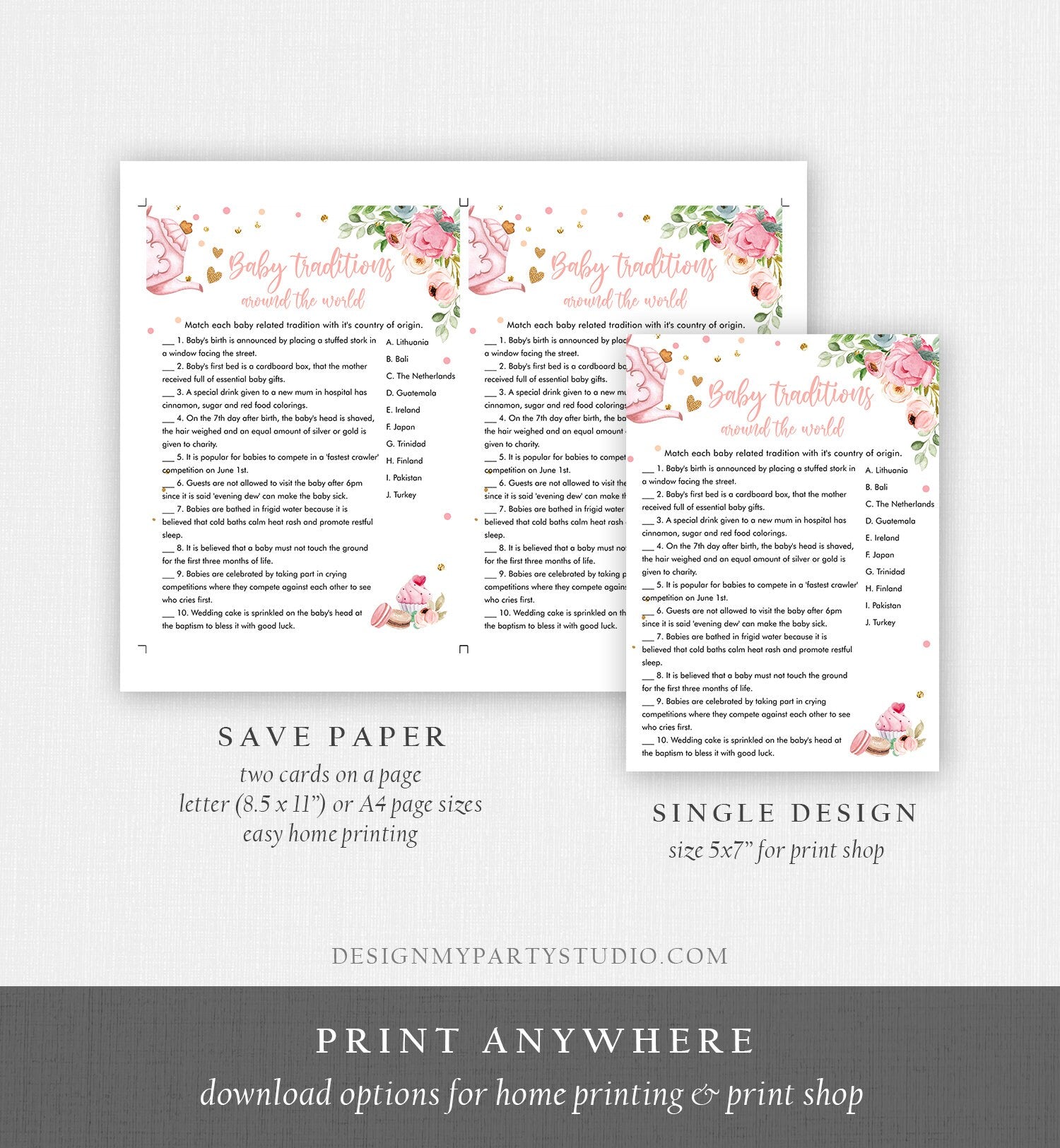 Editable Baby Traditions Around the World Game Baby Shower Tea Party Baby is Brewing Game Pink Sweets Digital Template Printable 0349
