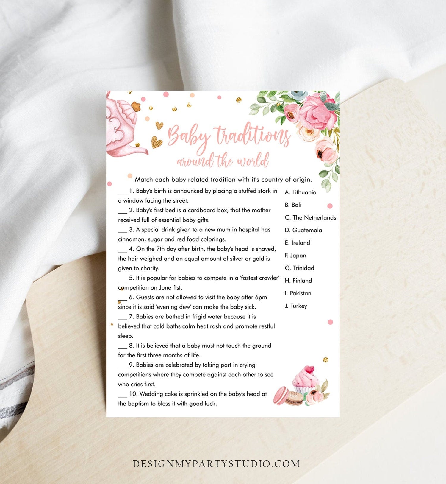 Editable Baby Traditions Around the World Game Baby Shower Tea Party Baby is Brewing Game Pink Sweets Digital Template Printable 0349