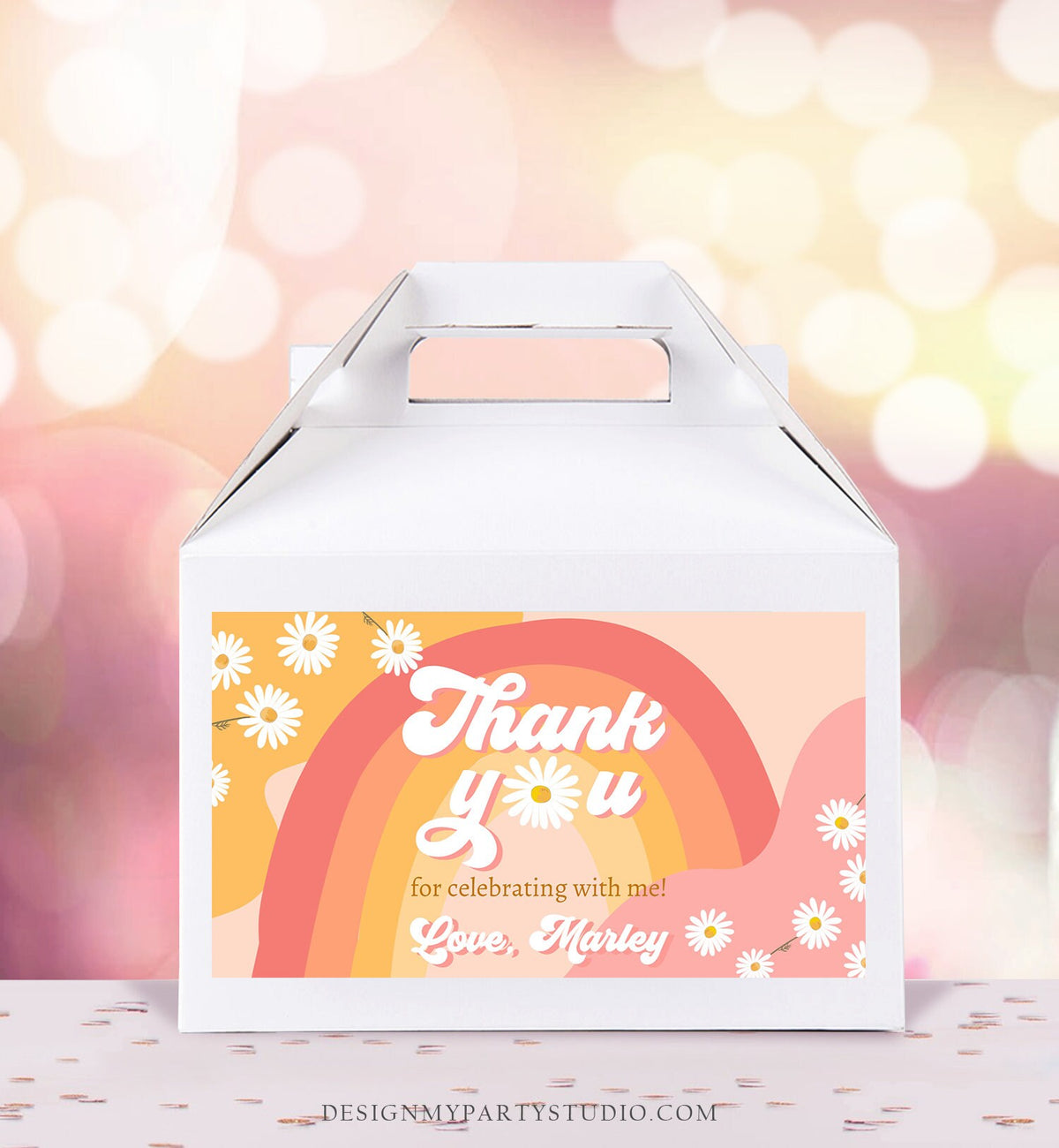 Editable Groovy Birthday Party Gable Box Favor Label Hippie 70&#39;s Gift Box Labels Boho Rainbow Daisy Two Groovy Download Printable Corjl 0428