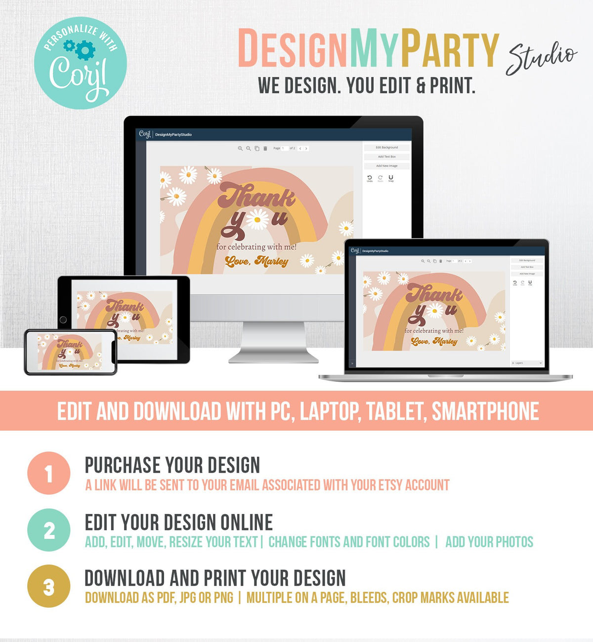 Editable Groovy Birthday Party Gable Box Favor Label Hippie 70&#39;s Gift Box Boho Rainbow Daisy Two Groovy Digital Download Printable 0428