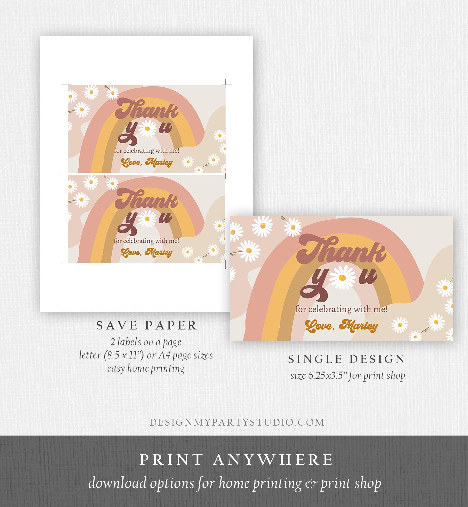 Editable Groovy Birthday Party Gable Box Favor Label Hippie 70's Gift Box Boho Rainbow Daisy Two Groovy Digital Download Printable 0428