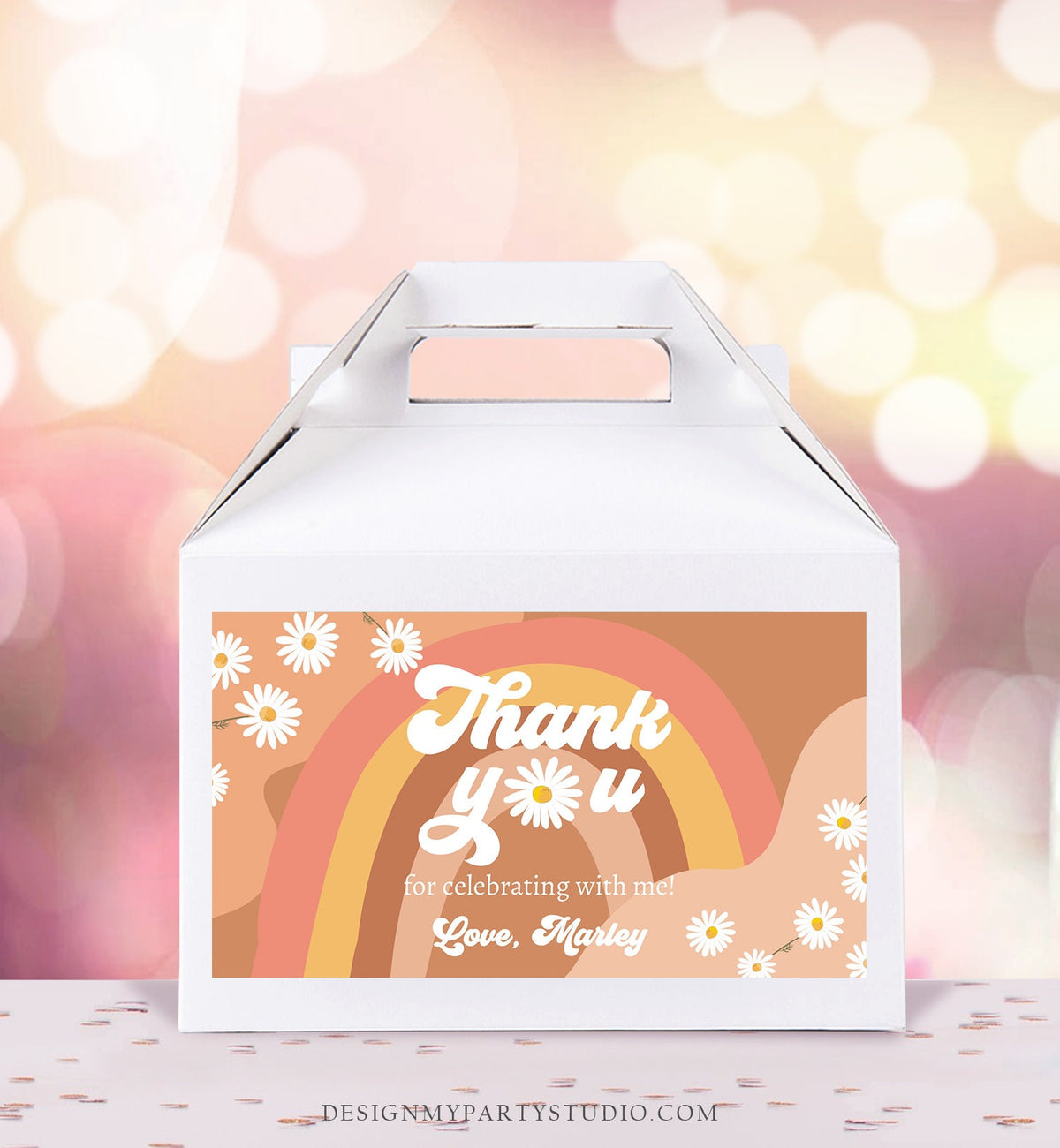 Editable Groovy Birthday Party Gable Box Favor Label Hippie 70&#39;s Gift Box Labels Boho Rainbow Daisy Two Groovy Download Printable Corjl 0428