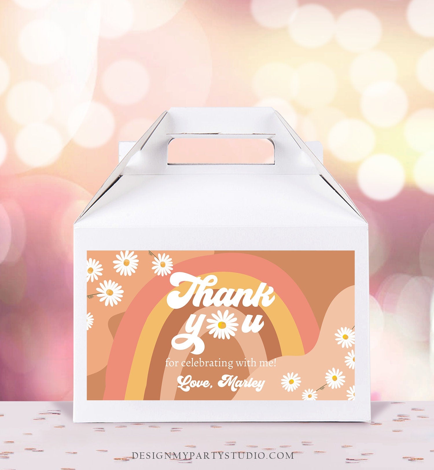 Editable Groovy Birthday Party Gable Box Favor Label Hippie 70's Gift Box Labels Boho Rainbow Daisy Two Groovy Download Printable Corjl 0428