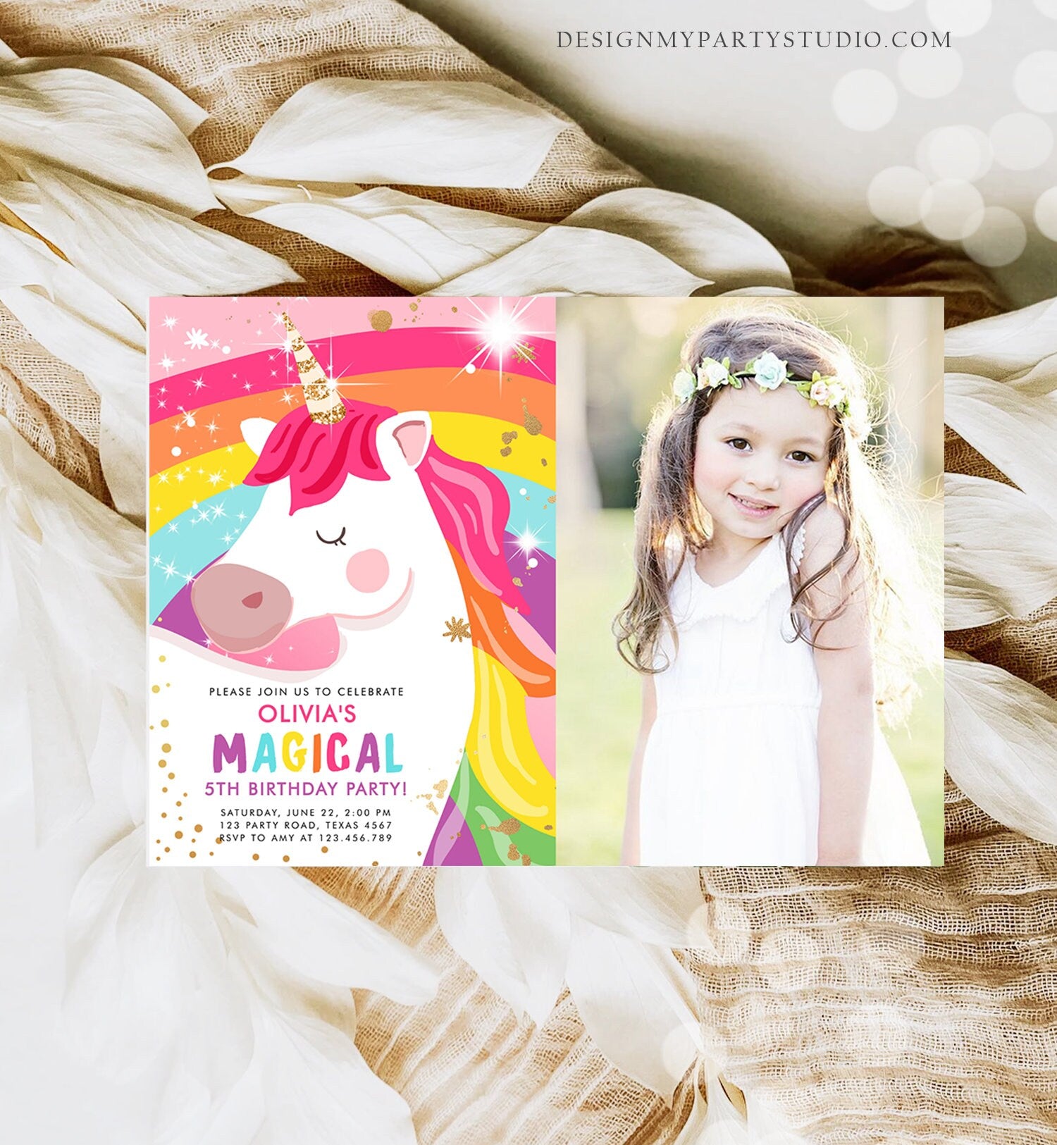 Editable Unicorn Birthday Invitation Magical Unicorn Party Girl Pink Gold Unicorn Invite Rainbow Printable Corjl Template Digital 0323