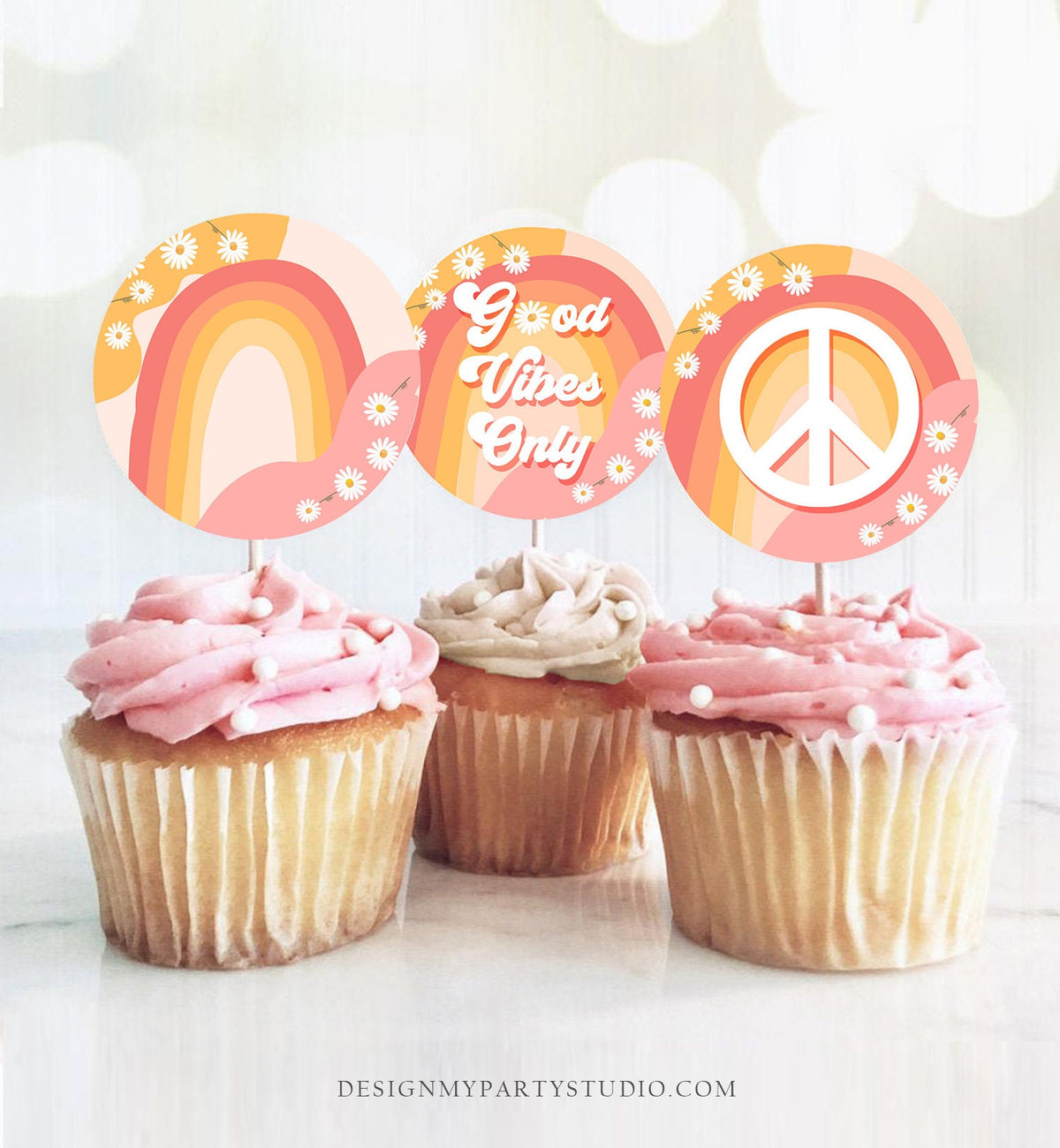 Groovy Birthday Cupcake Toppers Favor Tags Retro Florafest Decoration Hippy Boho 70&#39;s Peace Love Party Vibes Download Digital PRINTABLE 0428