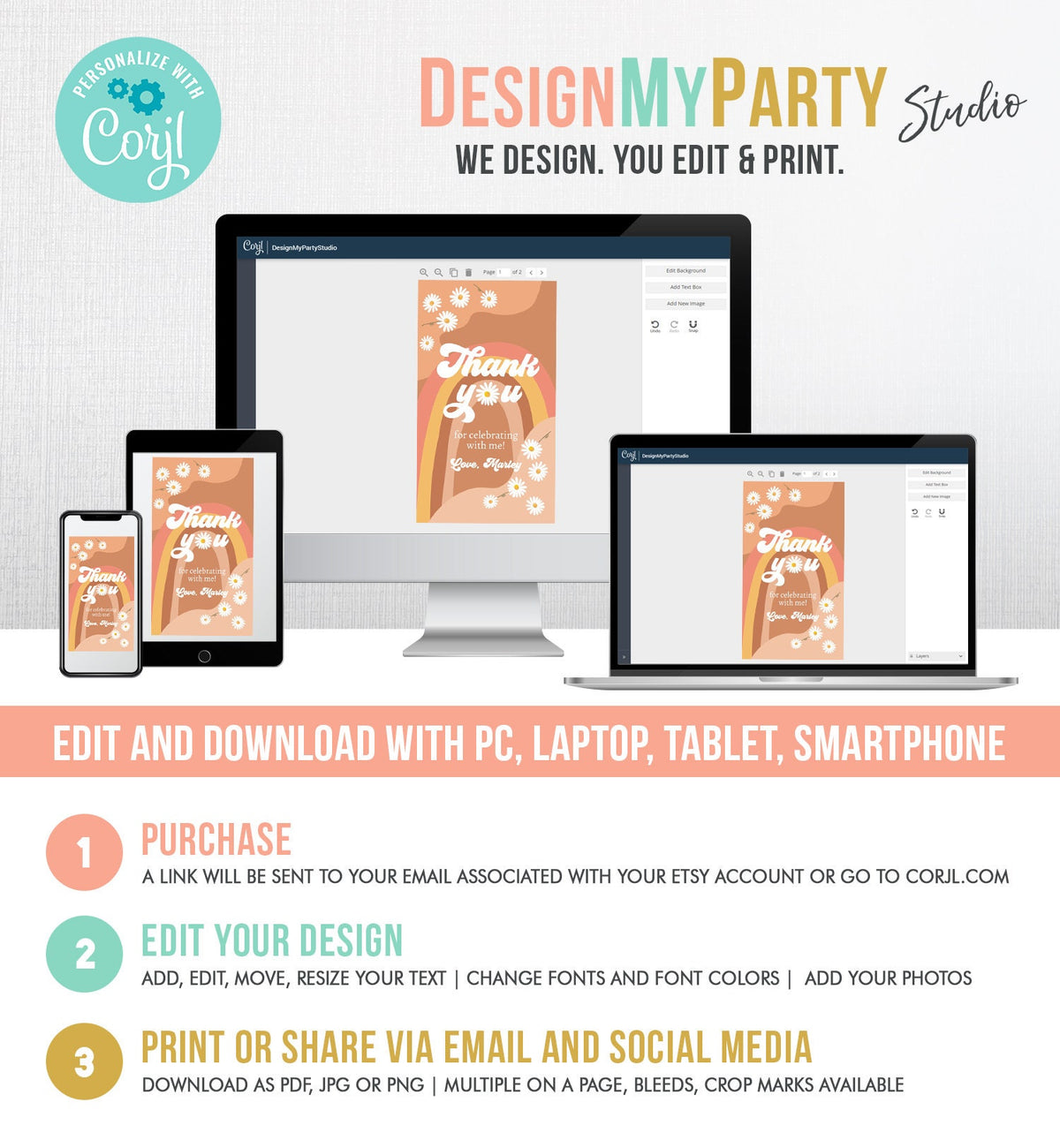 Editable Retro Daisy Favor Tags 1st 2nd Groovy Birthday Thank you Tags Festival Gift tags 70s Floral Hippie Digital Template Printable 0428