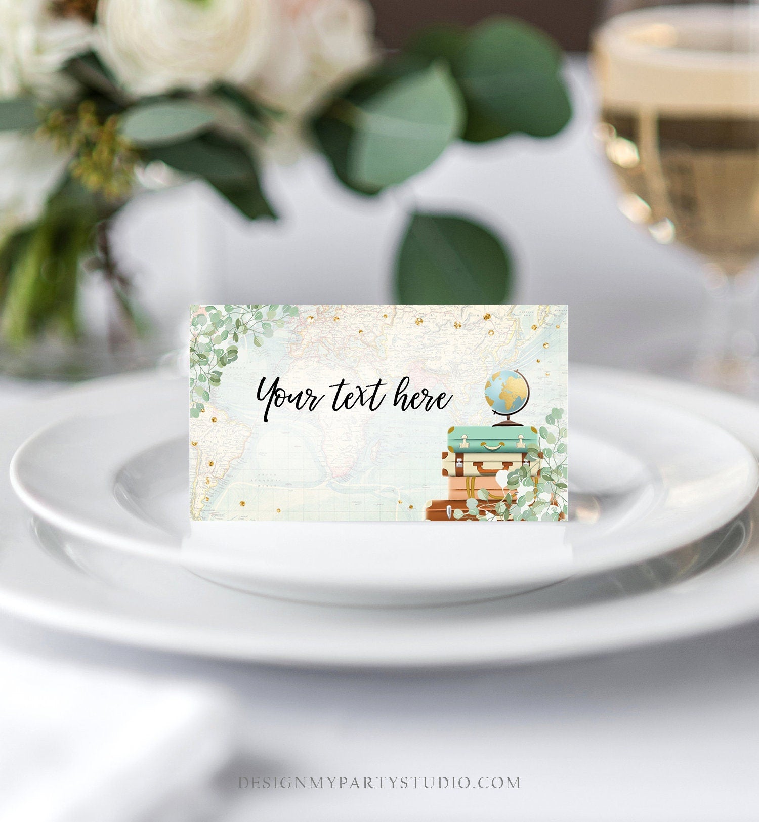 Editable Travel Adventure Food Labels Place Card Tent Bridal Shower Suitcases Eucalyptus Greenery Download Corjl Template Printable 0030