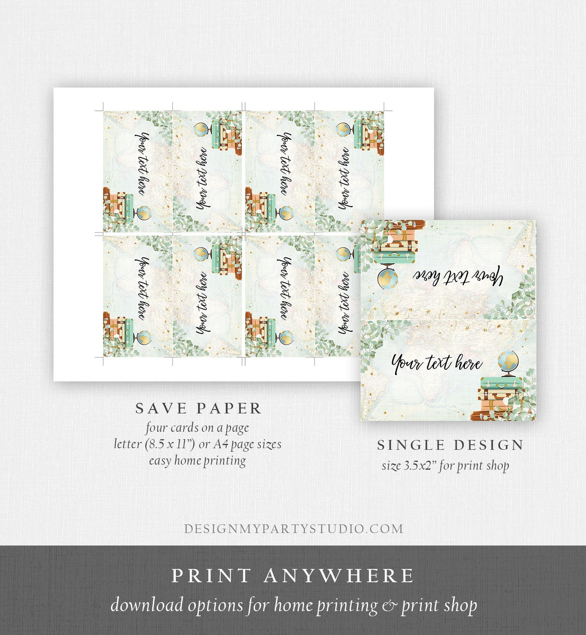 Editable Travel Adventure Food Labels Place Card Tent Bridal Shower Suitcases Eucalyptus Greenery Digital Download Template Printable 0030