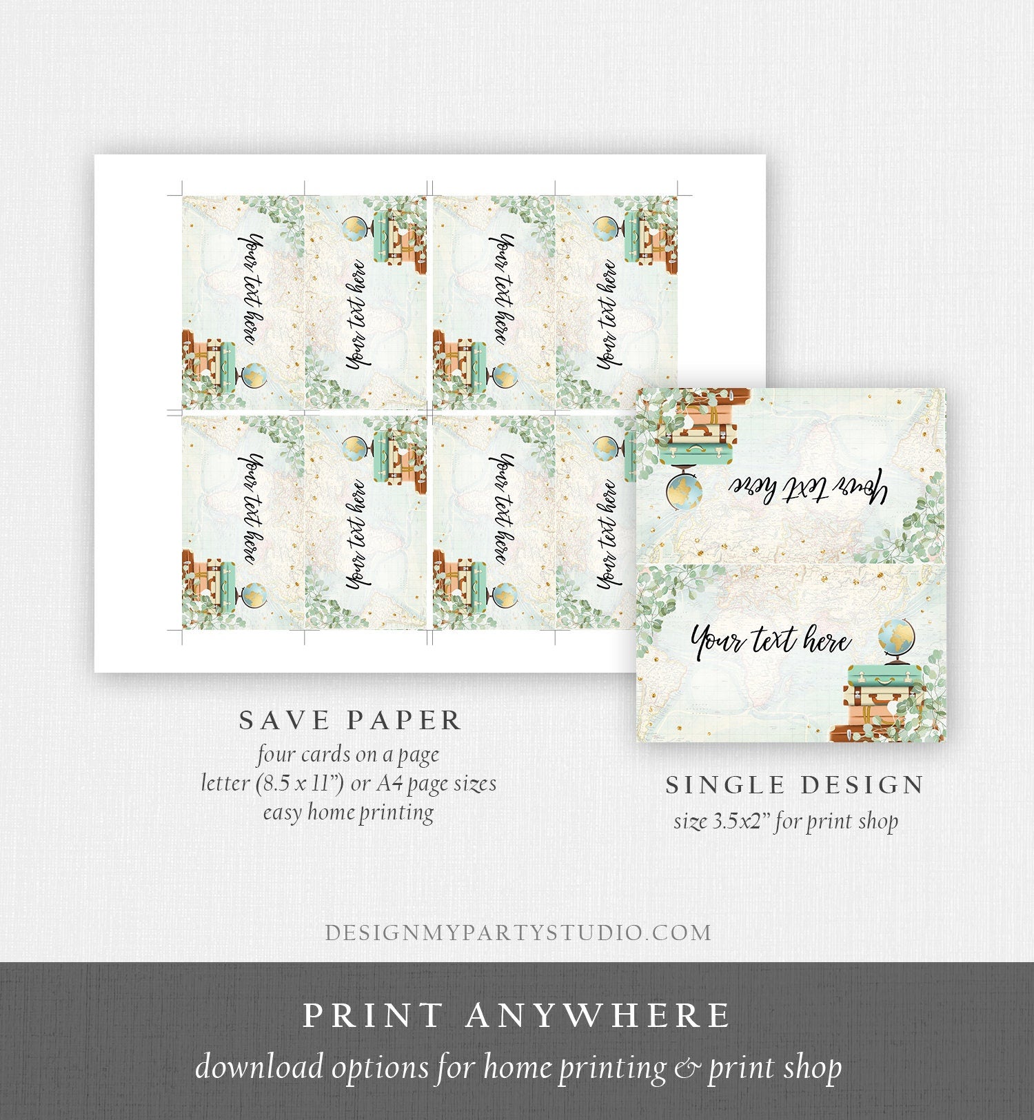 Editable Travel Adventure Food Labels Place Card Tent Bridal Shower Suitcases Eucalyptus Greenery Digital Download Template Printable 0030