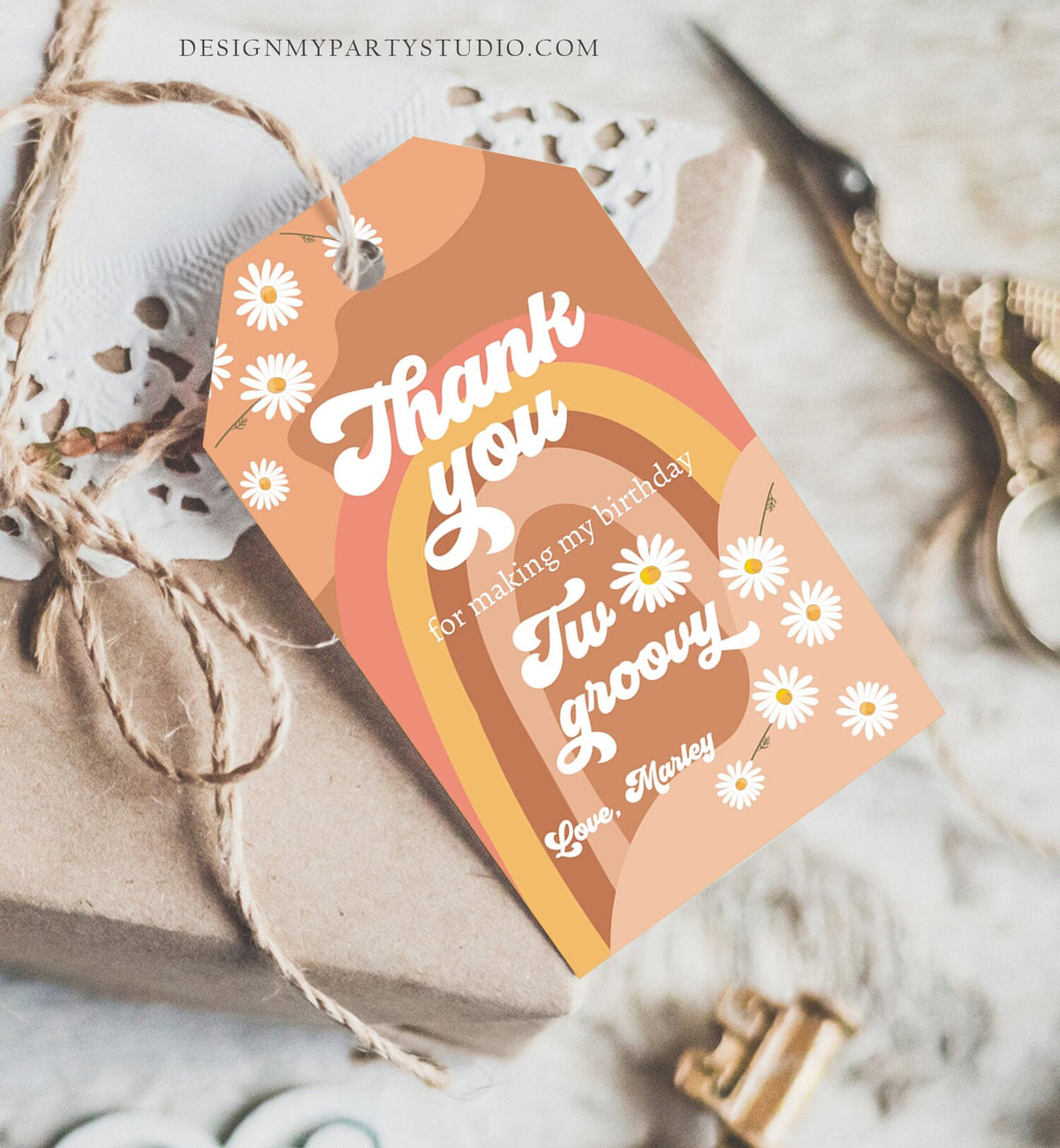 Editable Retro Daisy Favor Tags 2nd Two Groovy Birthday Thank you Tags Festival Gift tags 70s Floral Hippie Template Corjl PRINTABLE 0428