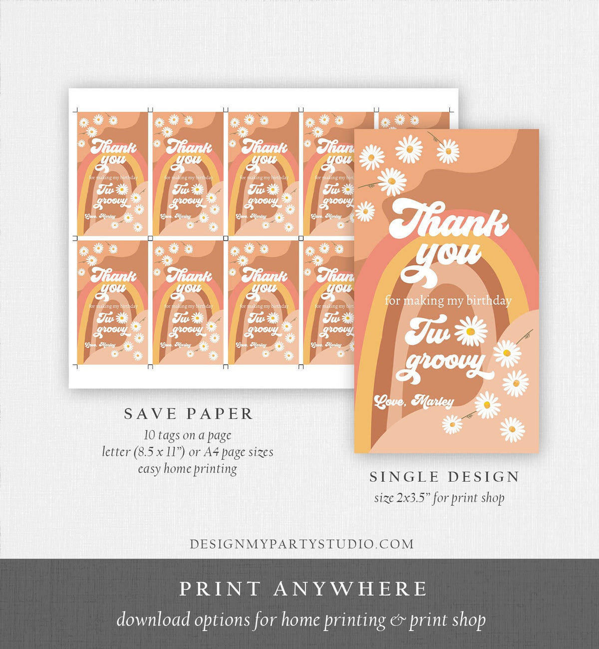Editable Retro Daisy Favor Tags 2nd Two Groovy Birthday Thank you Tags Festival Gift tags 70s Floral Hippie Template Corjl PRINTABLE 0428