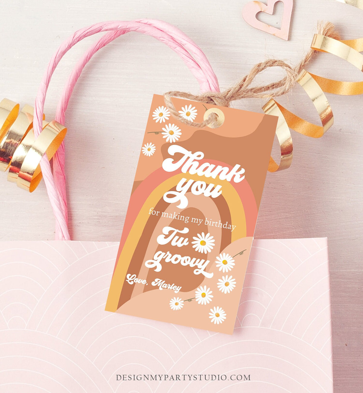 Editable Retro Daisy Favor Tags 2nd Two Groovy Birthday Thank you Tags Festival Gift tags 70s Floral Hippie Template Corjl PRINTABLE 0428