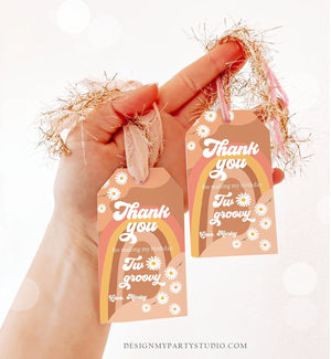 Editable Retro Daisy Favor Tags 2nd Two Groovy Birthday Thank you Tags Festival Gift tags 70s Floral Hippie Template Corjl PRINTABLE 0428
