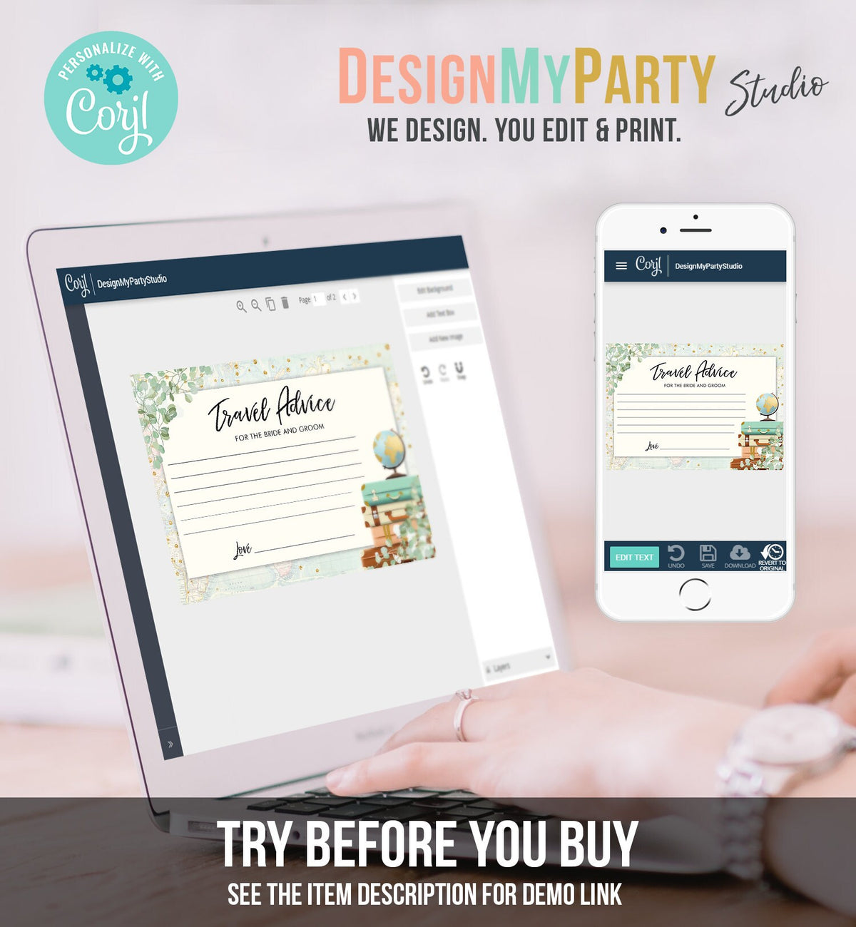 Editable Advice for the Bride-to-Be Card Eucalyptus Bridal Shower Travel Adventure Words of Wisdom Game Gold Digital Template Printable 0030