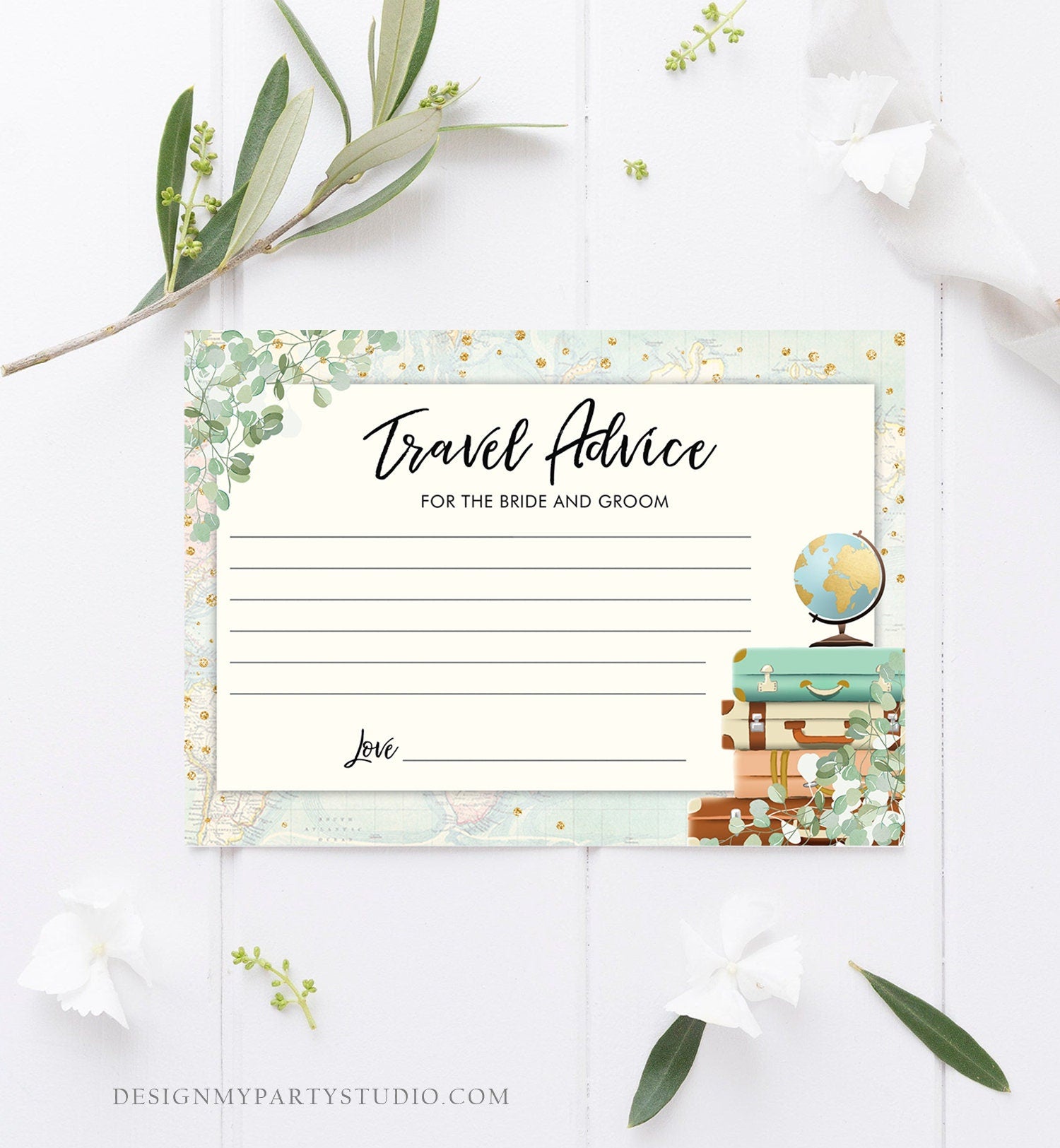 Editable Advice for the Bride-to-Be Card Eucalyptus Bridal Shower Travel Adventure Words of Wisdom Game Gold Digital Template Printable 0030