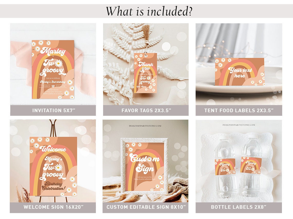 Two Groovy Birthday Invitation Bundle 2nd Birthday Boho Kit Retro Rainbow Party Package Peace Love 70's Digital Template Printable 0428