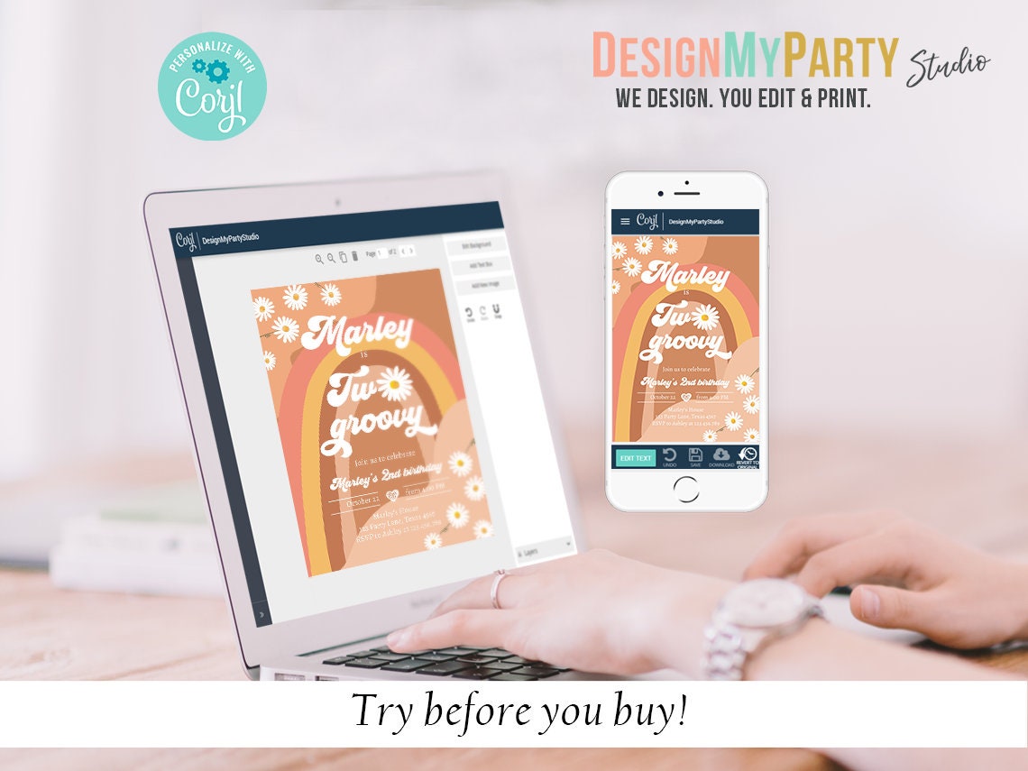 Two Groovy Birthday Invitation Bundle 2nd Birthday Boho Kit Retro Rainbow Party Package Peace Love 70's Digital Template Printable 0428