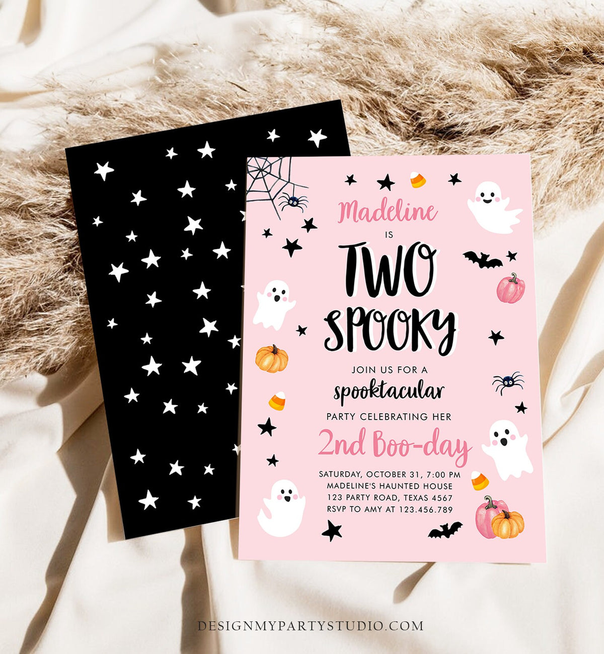 Editable Halloween Birthday Invitation 2nd Pink Ghost Costume Party Girl Pink Kids Two Spooky Party Digital Evite Template Printable 0418