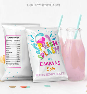 Editable Splish Splash Birthday Chip Bag Pool Party Decor Girl Summer Birthday Pink Party Snack Favors Printable Digital Corjl Template 0169