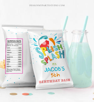Editable Splish Splash Birthday Chip Bag Pool Party Decor Boy Summer Birthday Party Snack Favors Printable Digital Corjl Template 0169