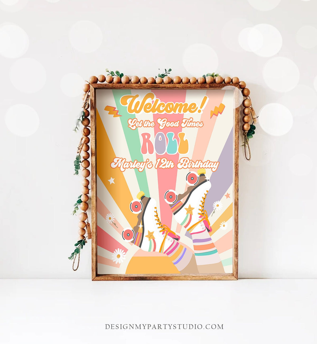 Editable Roller Skate Birthday Welcome Sign Retro Skating Birthday Girl Pink Let&#39;s Roll 70&#39;s Skate Party Sign Template PRINTABLE Corjl 0435