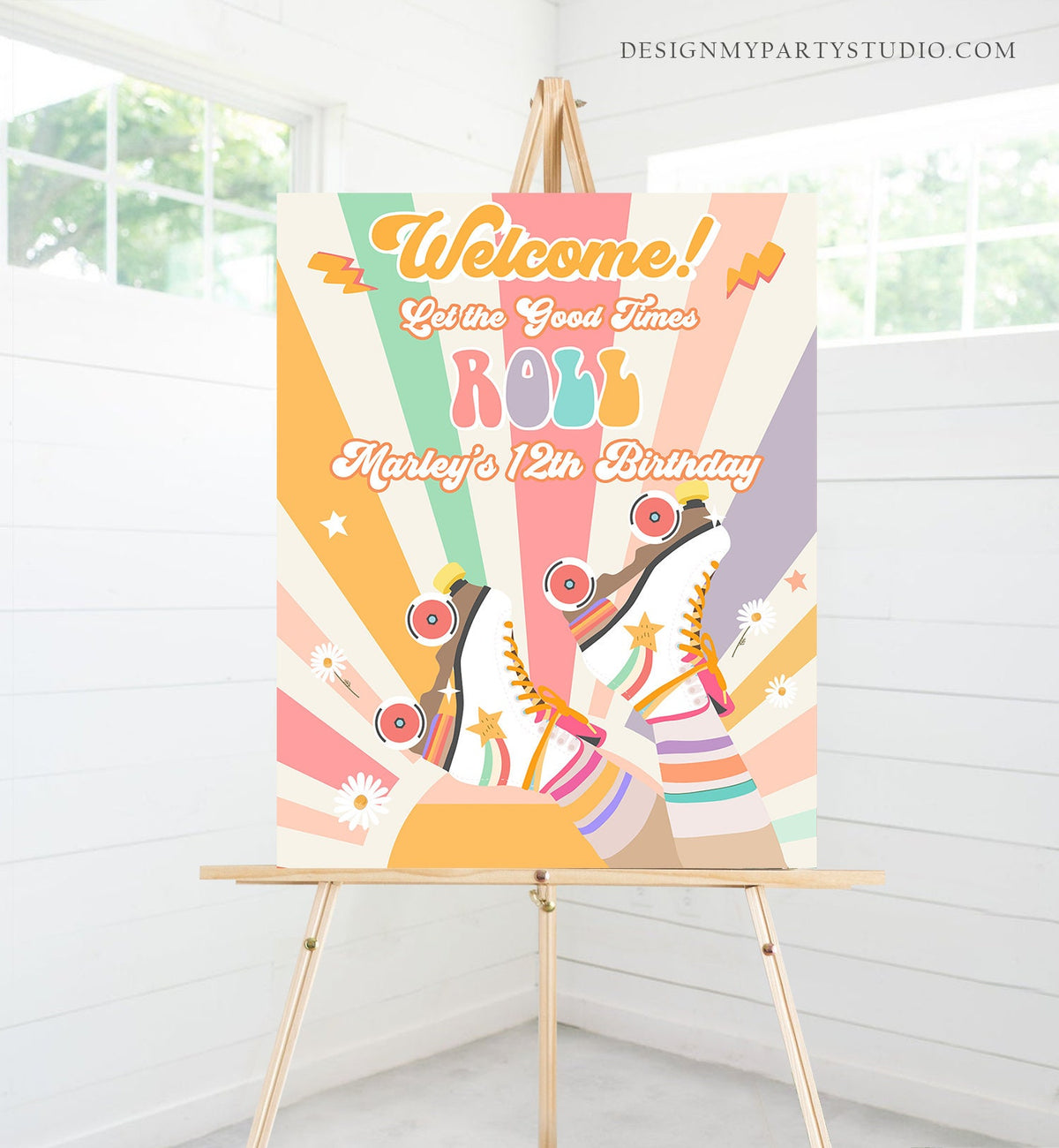 Editable Roller Skate Birthday Welcome Sign Retro Skating Birthday Girl Pink Let&#39;s Roll 70&#39;s Skate Party Sign Template PRINTABLE Corjl 0435