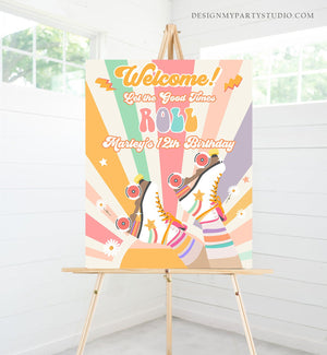 Editable Roller Skate Birthday Welcome Sign Retro Skating Birthday Girl Pink Let's Roll 70's Skate Party Sign Template PRINTABLE Corjl 0435