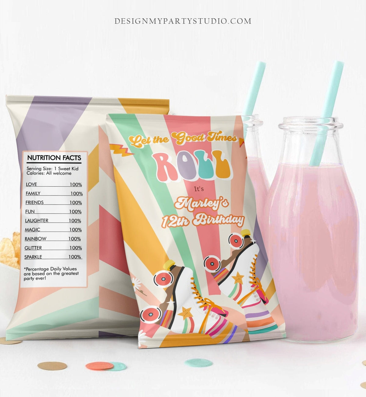 Editable Roller Skate Party Chip Bag Skating Party Decor Girl Rollerskate Birthday Roller Rink Party Snack Favor Digital Corjl Template 0435