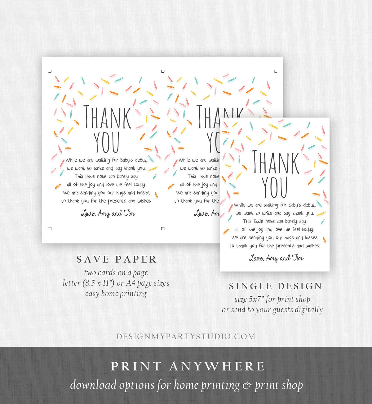 Editable Baby Sprinkle Thank You Card Rainbow Sprinkle Baby Shower Gender Neutral Coed Sprinkles Digital Corjl Template Printable 0216