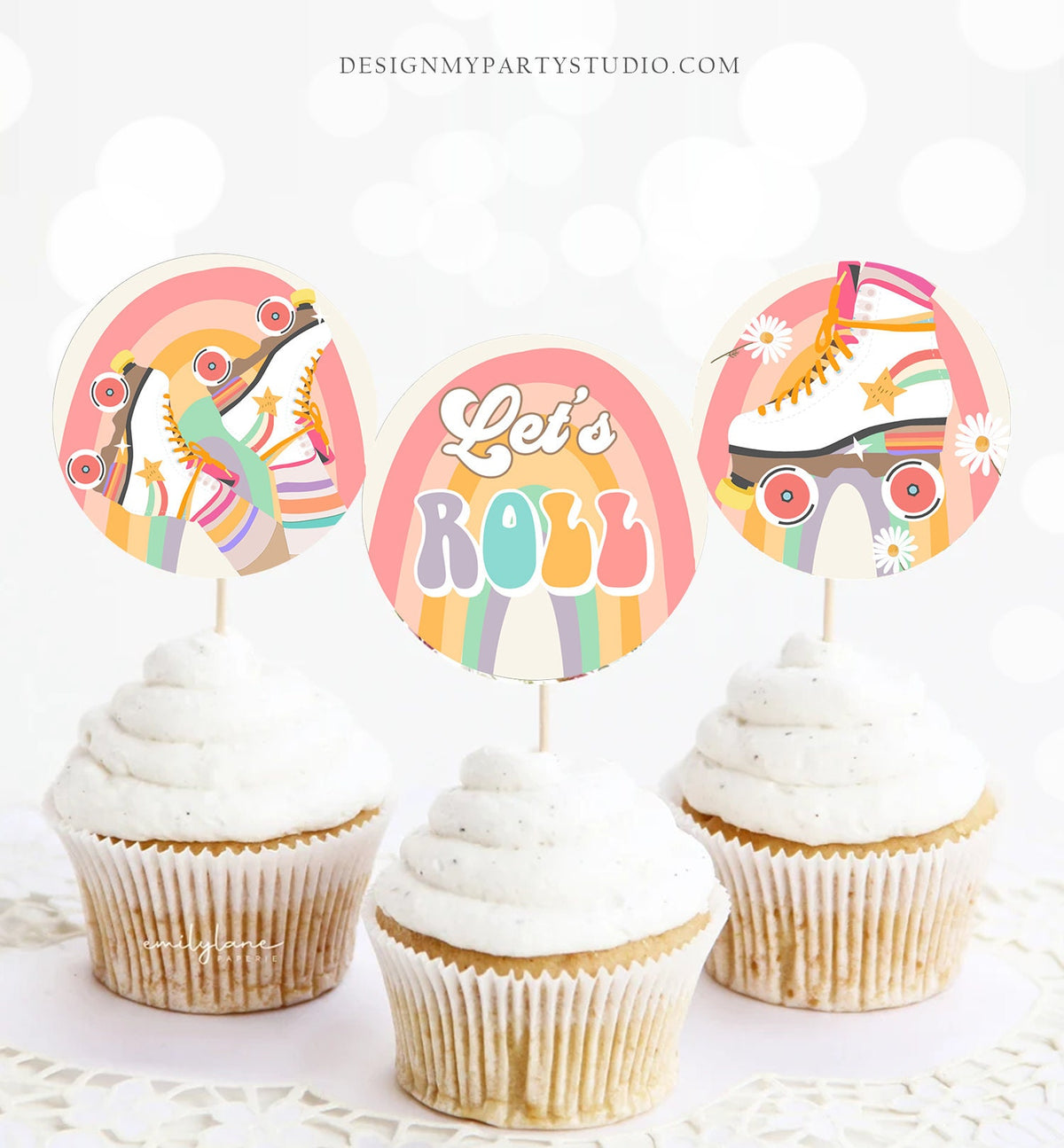 Roller Skate Cupcake Toppers Skate Birthday Favor Tags Retro Daisy Roller Rink Party Decor Rainbow Hippie Download Digital Printable 0435