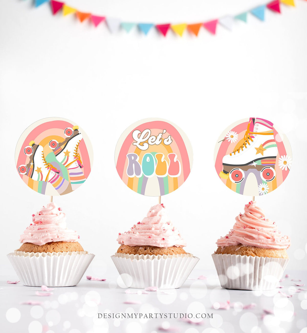 Roller Skate Cupcake Toppers Skate Birthday Favor Tags Retro Daisy Roller Rink Party Decor Rainbow Hippie Download Digital Printable 0435