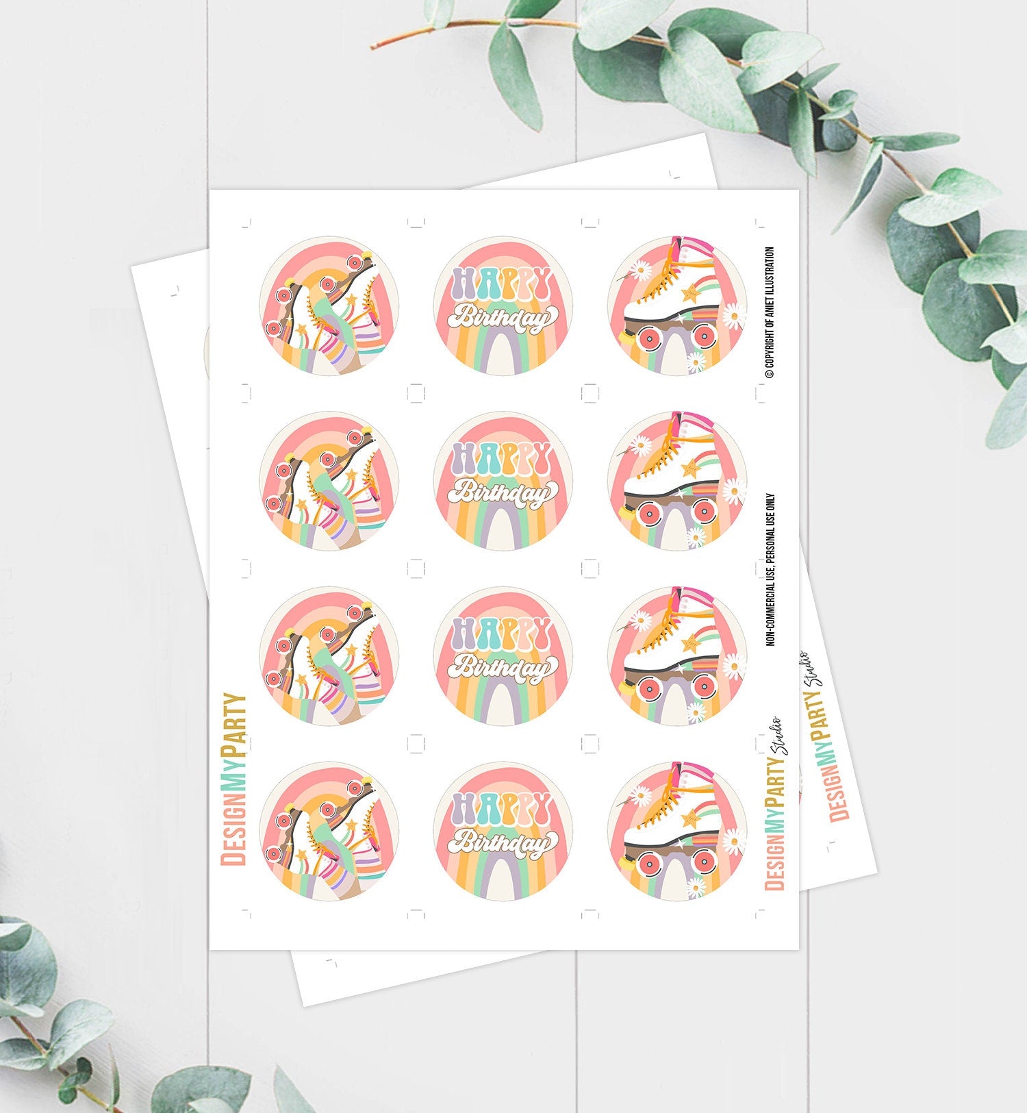 Roller Skate Cupcake Toppers Skate Birthday Favor Tag Retro Daisy Roller Rink Party Decor Sticker Skating Digital Download Printable 0435