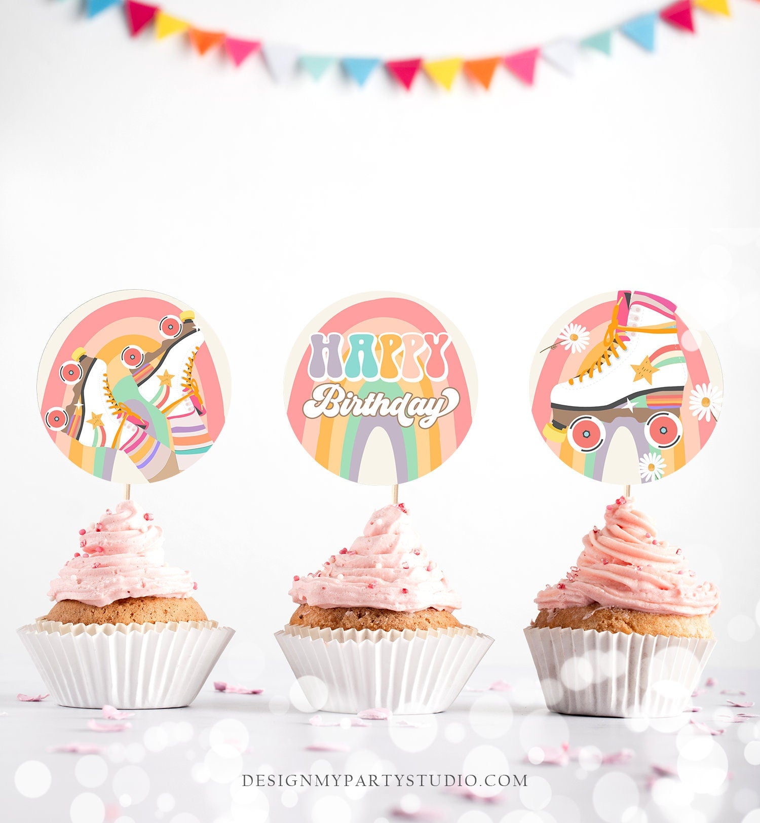 Roller Skate Cupcake Toppers Skate Birthday Favor Tag Retro Daisy Roller Rink Party Decor Sticker Skating Digital Download Printable 0435