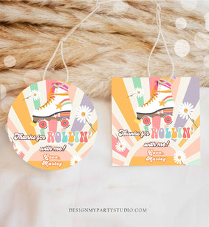 Editable Roller Skating Favor Tag Roller Skate Birthday Thank You Stickers Retro Skate Party DIsco Download Printable Corjl Template 0435
