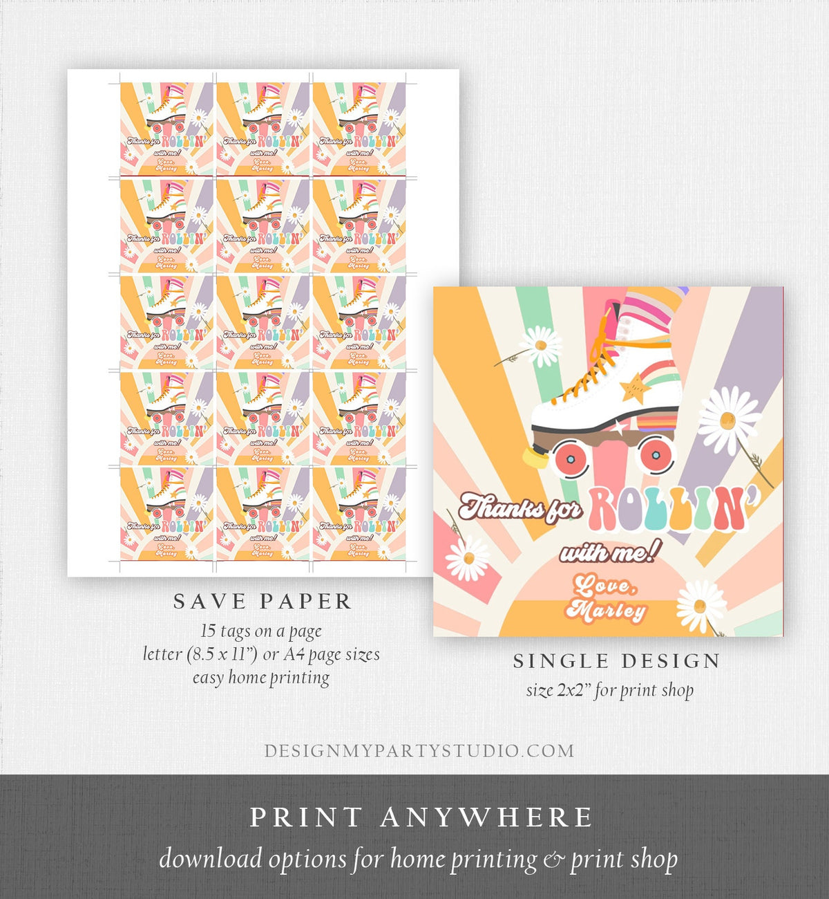 Editable Roller Skating Favor Tag Roller Skate Birthday Thank You Stickers Retro Skate Party DIsco Download Printable Corjl Template 0435