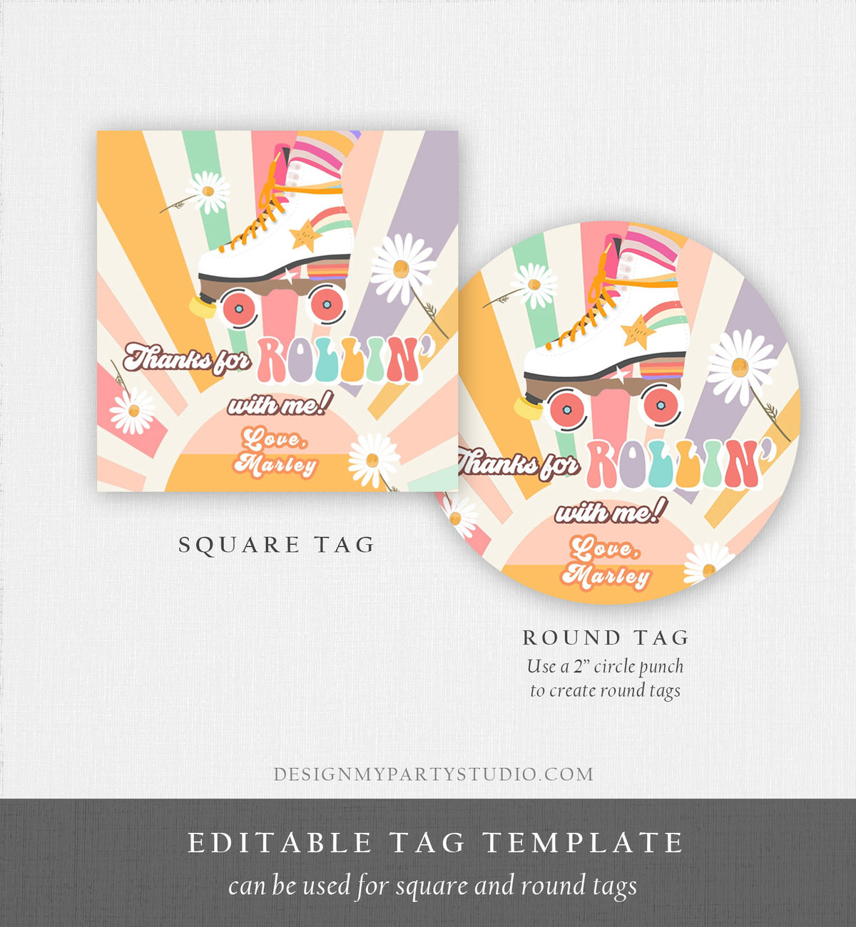 Editable Roller Skating Favor Tag Roller Skate Birthday Thank You Stickers Retro Skate Party DIsco Download Printable Corjl Template 0435