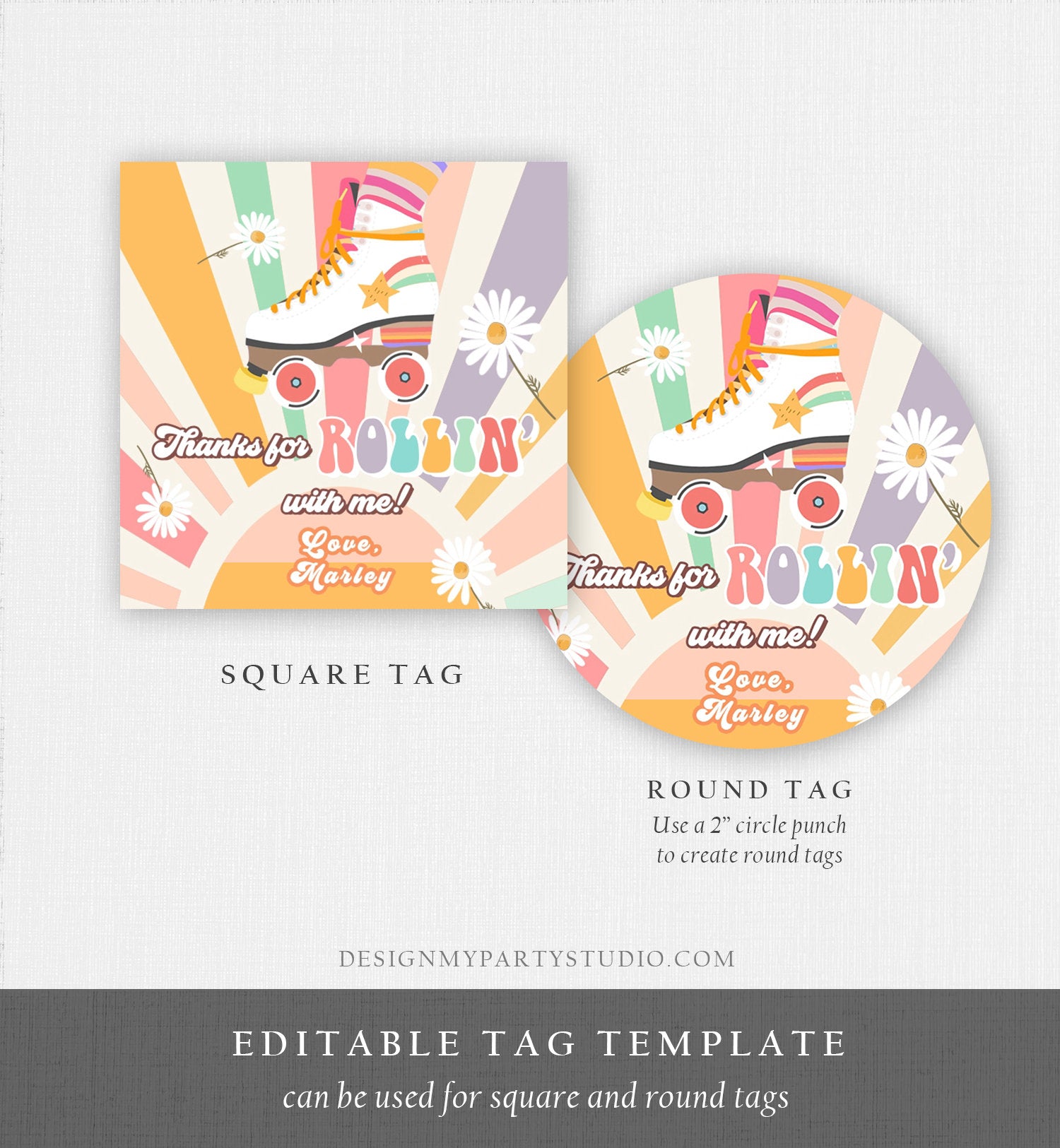 Editable Roller Skating Favor Tag Roller Skate Birthday Thank You Stickers Retro Skate Party DIsco Download Printable Corjl Template 0435