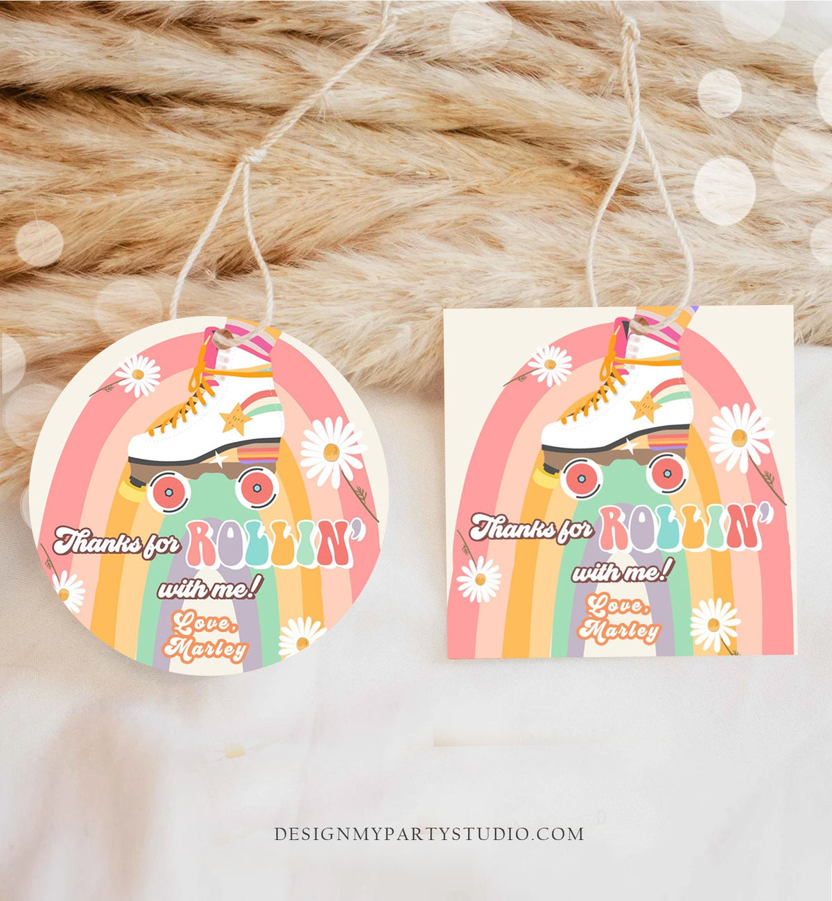 Editable Roller Skating Favor Tag Roller Skate Birthday Thank You Stickers Retro Skate Party DIsco Download Printable Corjl Template 0435