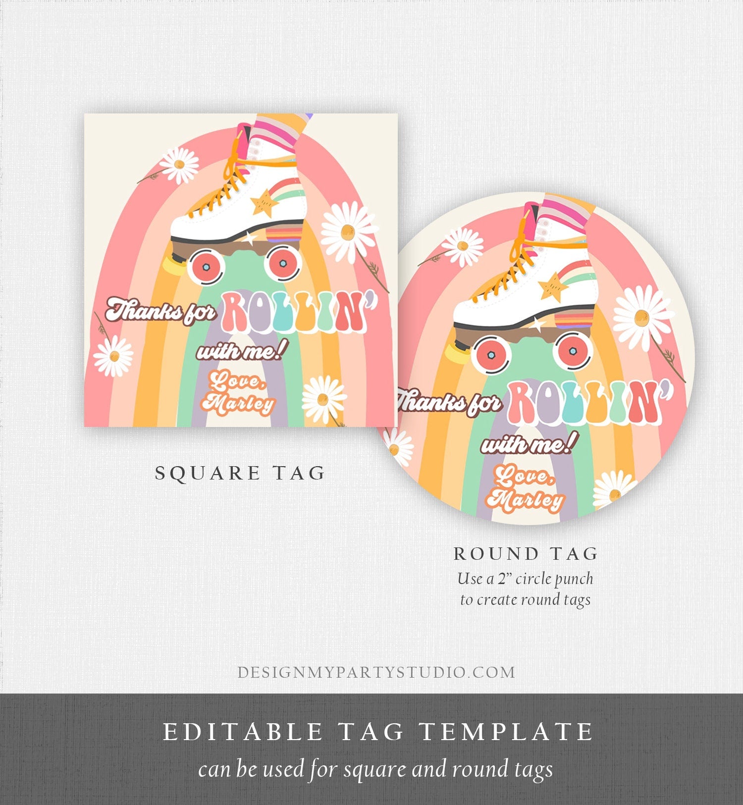 Editable Roller Skating Favor Tag Roller Skate Birthday Thank You Stickers Retro Skate Party DIsco Download Printable Corjl Template 0435
