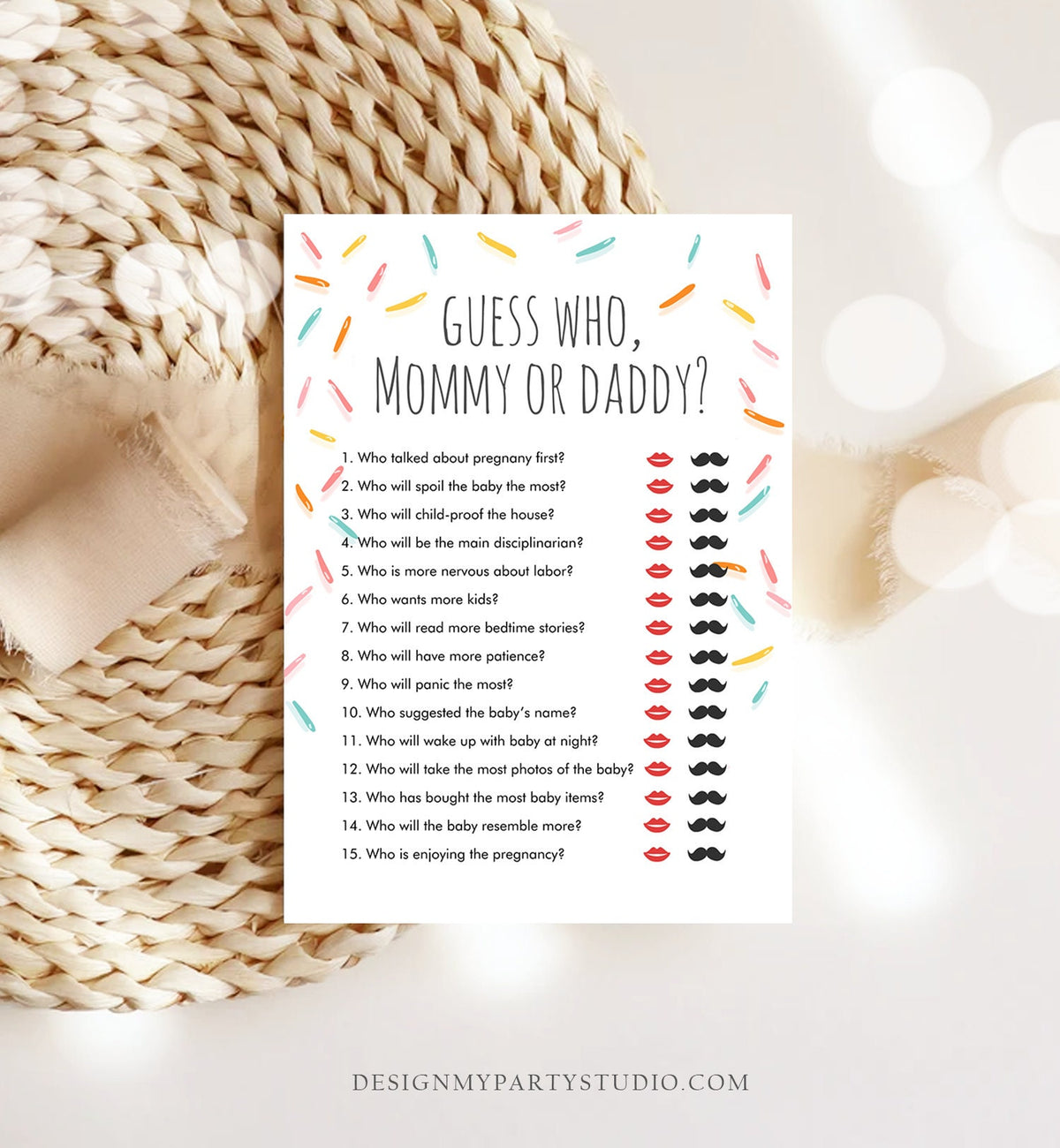 Editable Mommy or Daddy Baby Sprinkle Game Guess Who Mom Dad Baby Shower Gender Neutral Sprinkles Rainbow Corjl Template Printable 0216