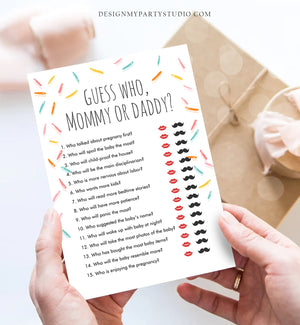 Editable Mommy or Daddy Baby Sprinkle Game Guess Who Mom Dad Baby Shower Gender Neutral Sprinkles Rainbow Corjl Template Printable 0216