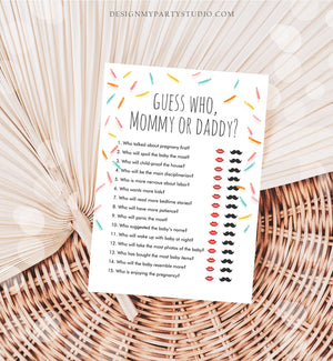 Editable Mommy or Daddy Baby Sprinkle Game Guess Who Mom Dad Baby Shower Gender Neutral Sprinkles Rainbow Corjl Template Printable 0216