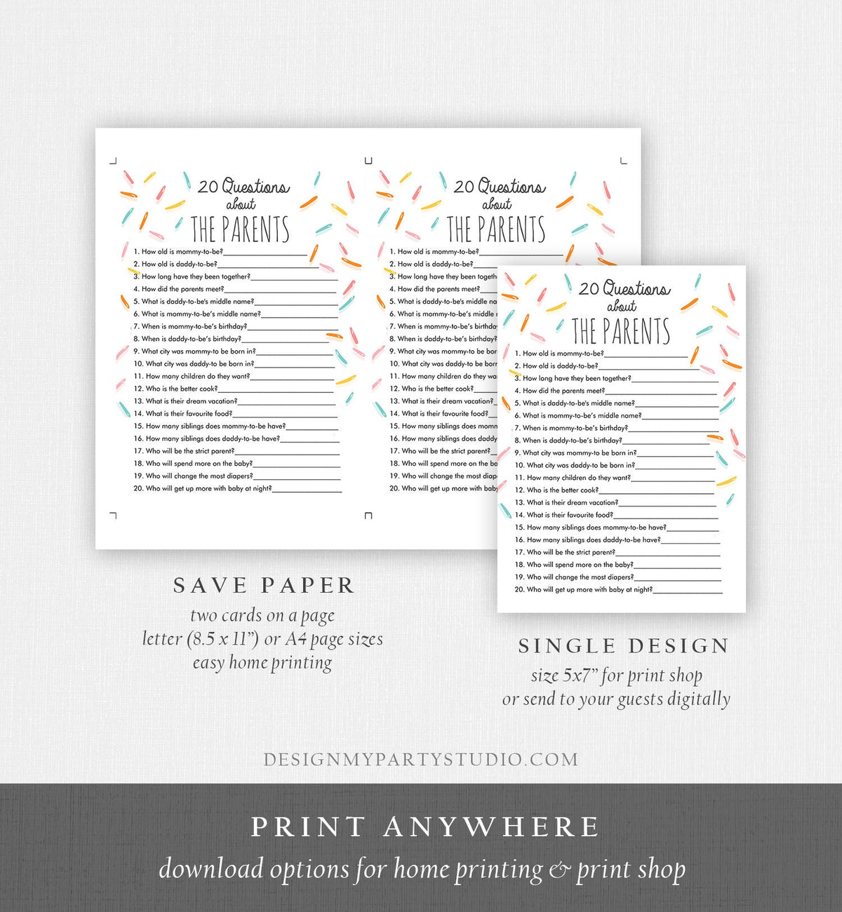 Editable 20 Questions About the Parents Baby Sprinkle Game Baby Shower Gender Neutral Sprinkles Rainbow Digital Template Printable 0216