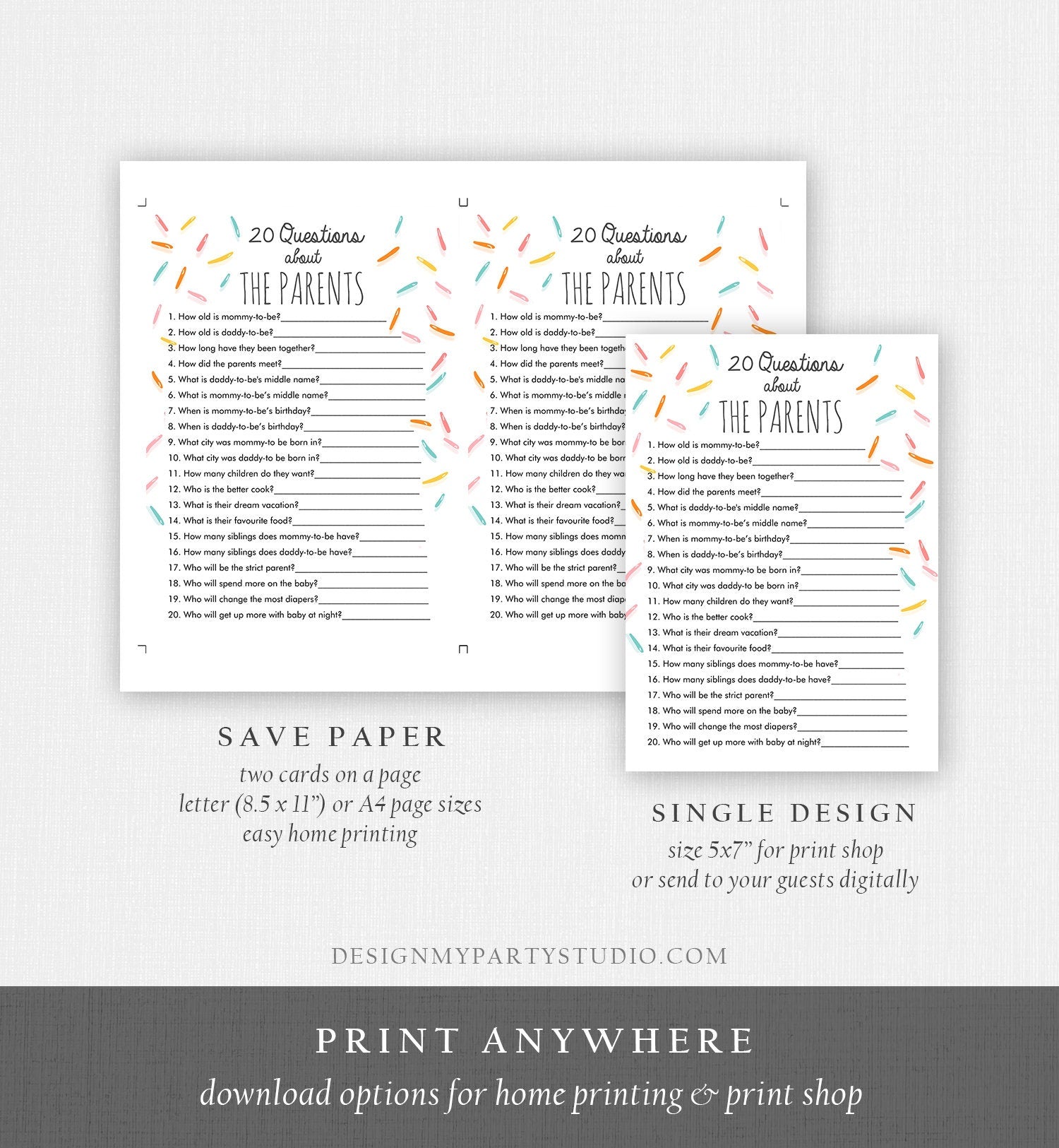 Editable 20 Questions About the Parents Baby Sprinkle Game Baby Shower Gender Neutral Sprinkles Rainbow Digital Template Printable 0216