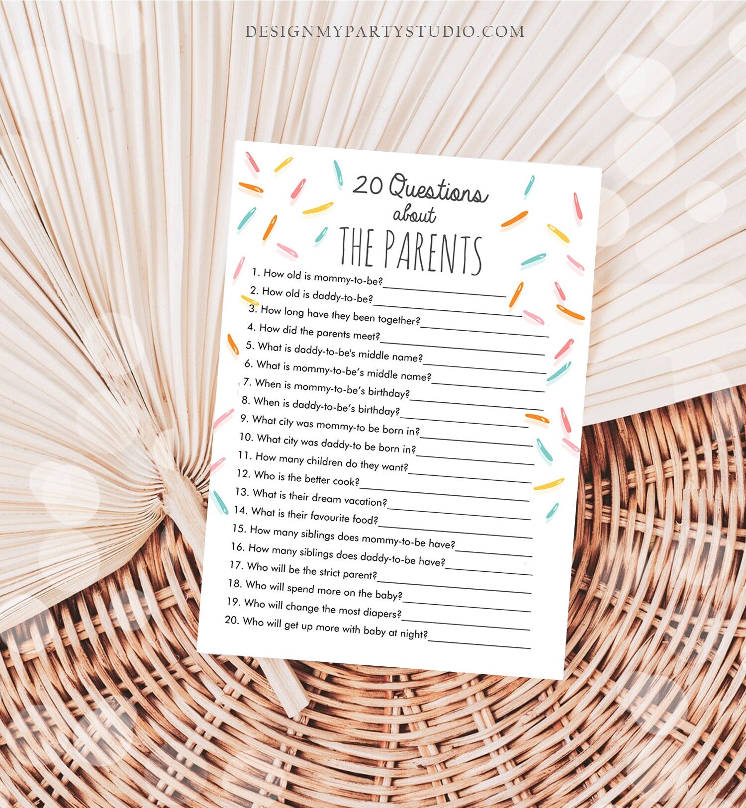 Editable 20 Questions About the Parents Baby Sprinkle Game Baby Shower Gender Neutral Sprinkles Rainbow Digital Template Printable 0216